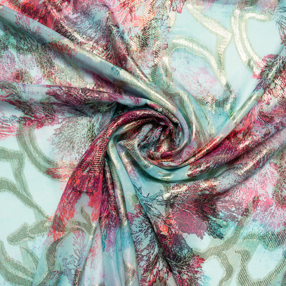 Red & Aqua Jacquard Lamé Silk Chiffon