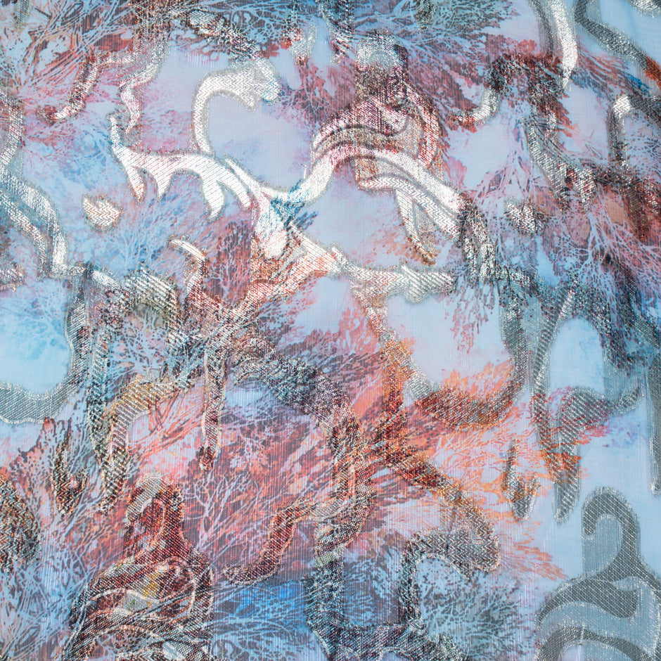 Blue & Red Jacquard Lamé Silk Chiffon