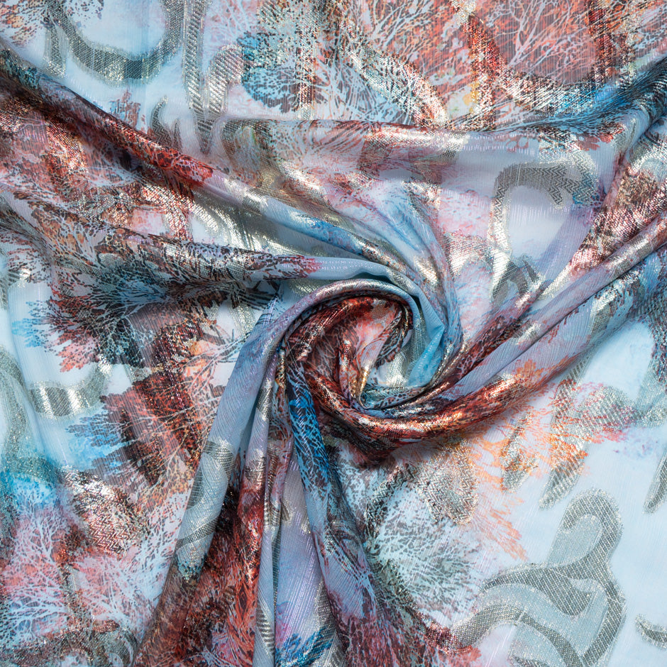 Blue & Red Jacquard Lamé Silk Chiffon