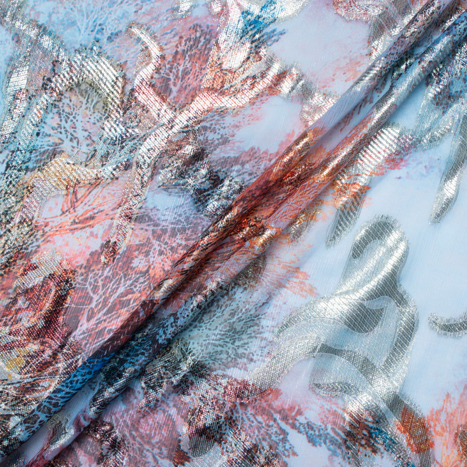 Blue & Red Jacquard Lamé Silk Chiffon