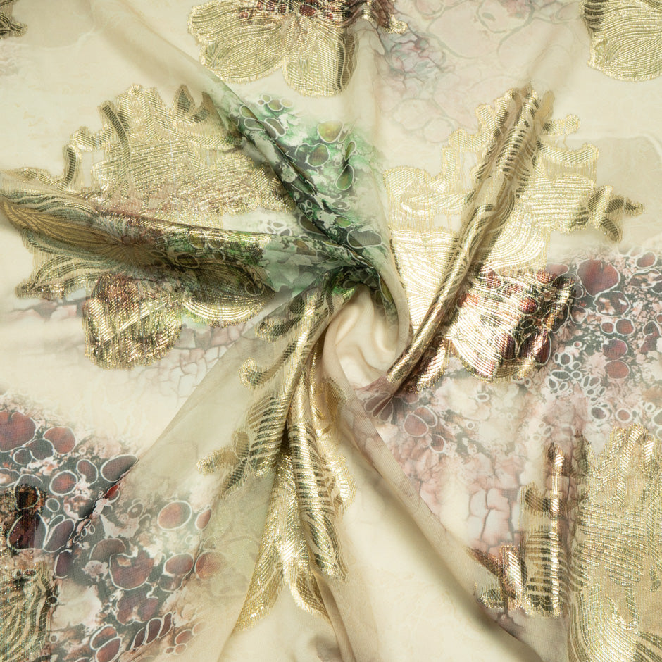Gold Jacquard Lamé Beige Silk Chiffon