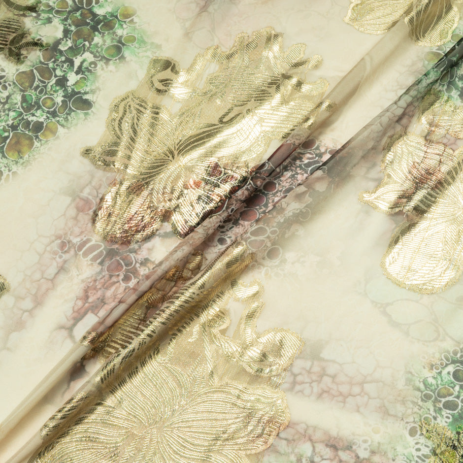 Gold Jacquard Lamé Beige Silk Chiffon