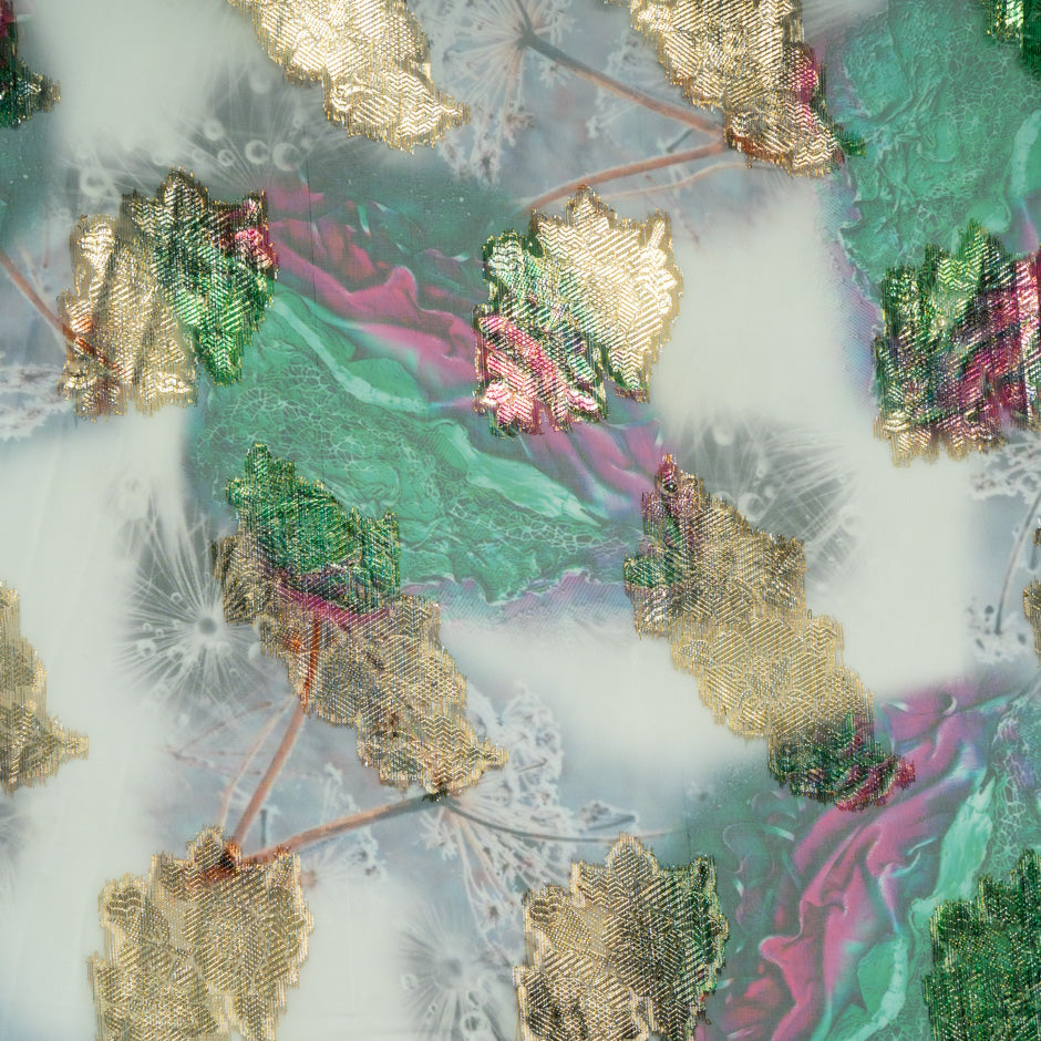 Pink & Green Printed Jacquard Lamé Silk Chiffon