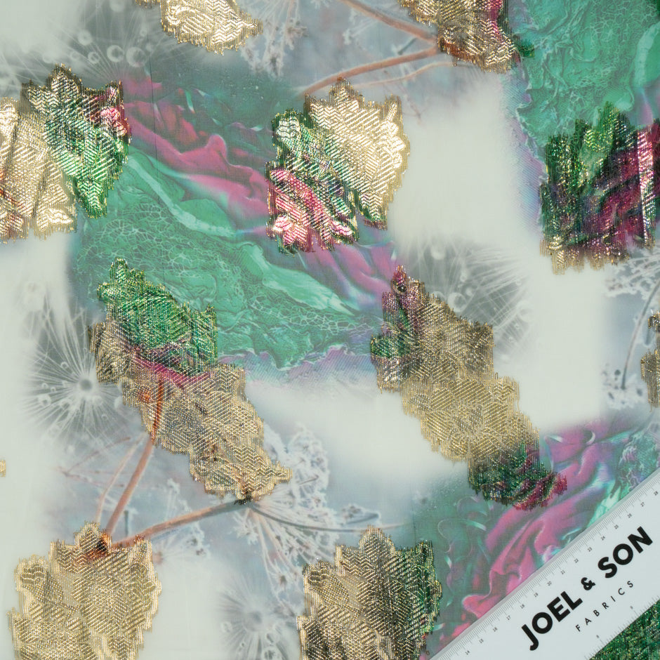 Pink & Green Printed Jacquard Lamé Silk Chiffon