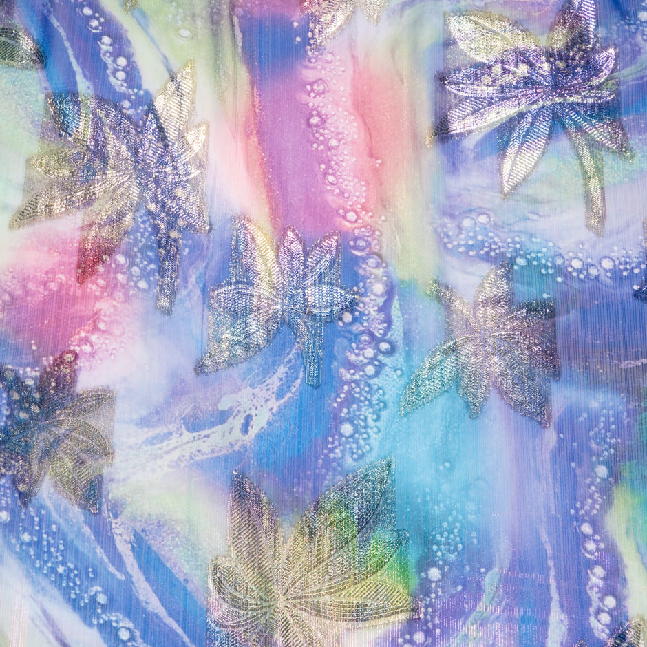 Multi-Coloured Printed Jacquard Lamé Silk Chiffon
