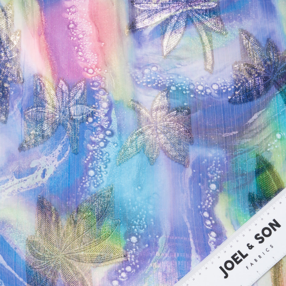 Multi-Coloured Printed Jacquard Lamé Silk Chiffon