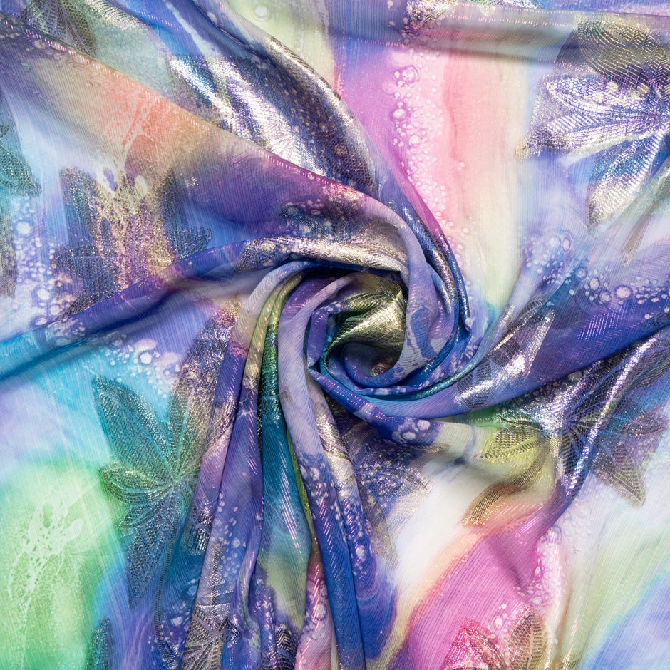 Multi-Coloured Printed Jacquard Lamé Silk Chiffon