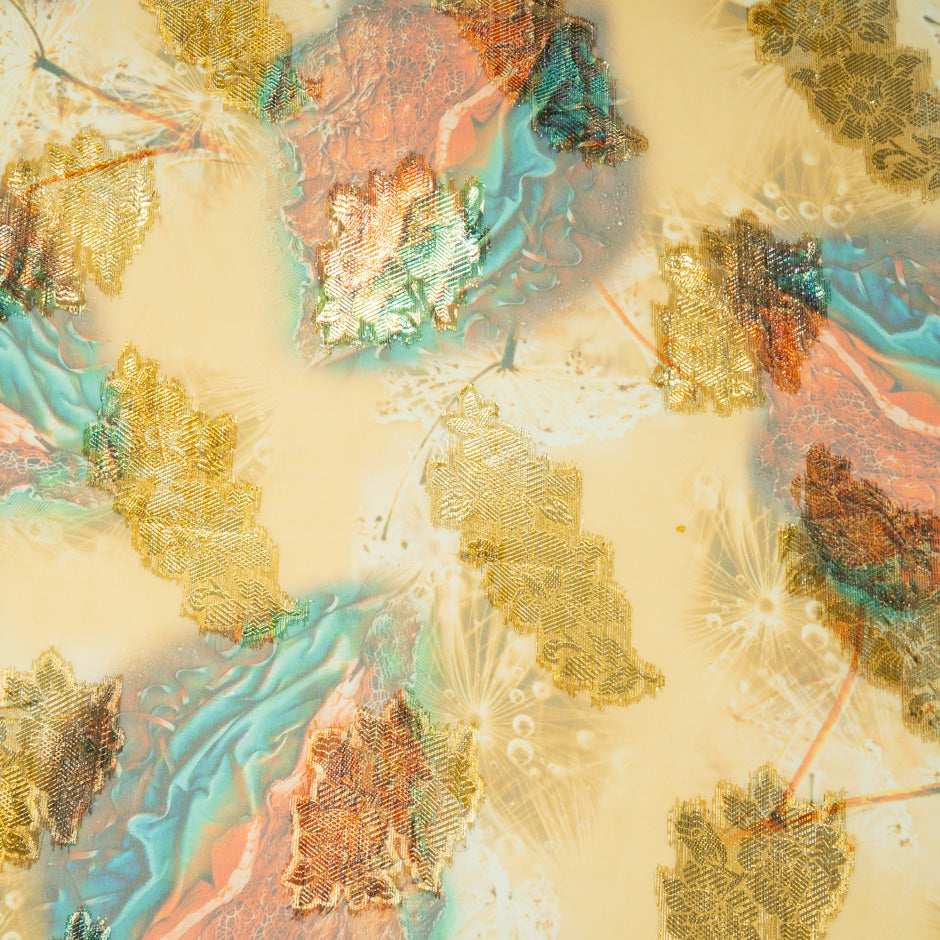 Yellow Printed Jacquard Lamé Silk Chiffon