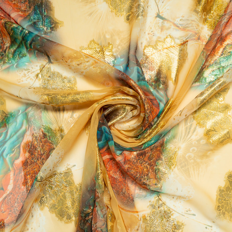 Yellow Printed Jacquard Lamé Silk Chiffon