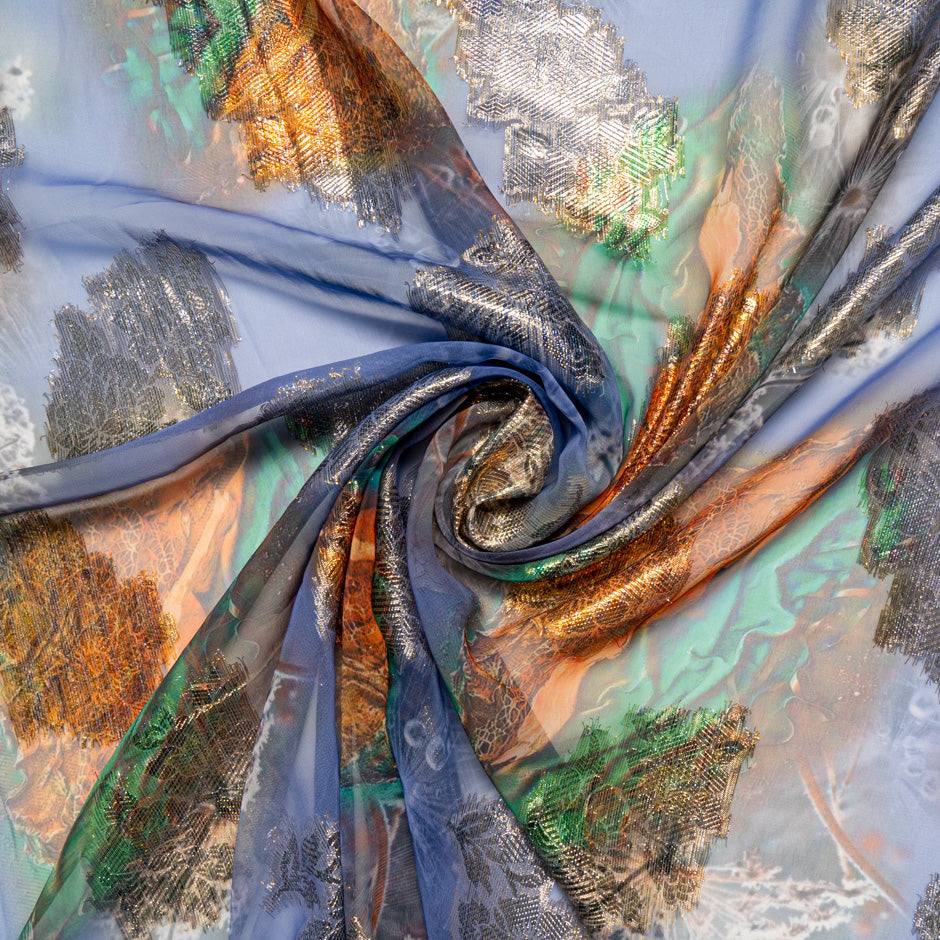 Orange & Blue Printed Jacquard Lamé Silk Chiffon