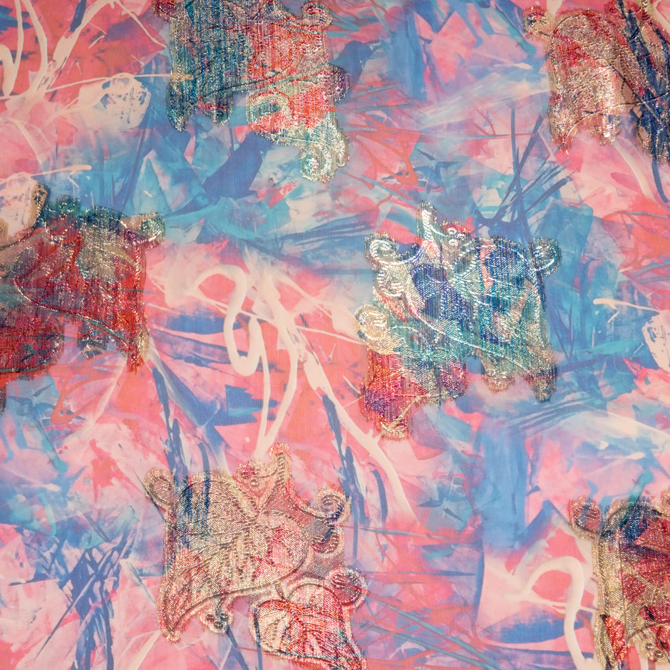 Red & Blue Printed Jacquard Lamé Silk Chiffon