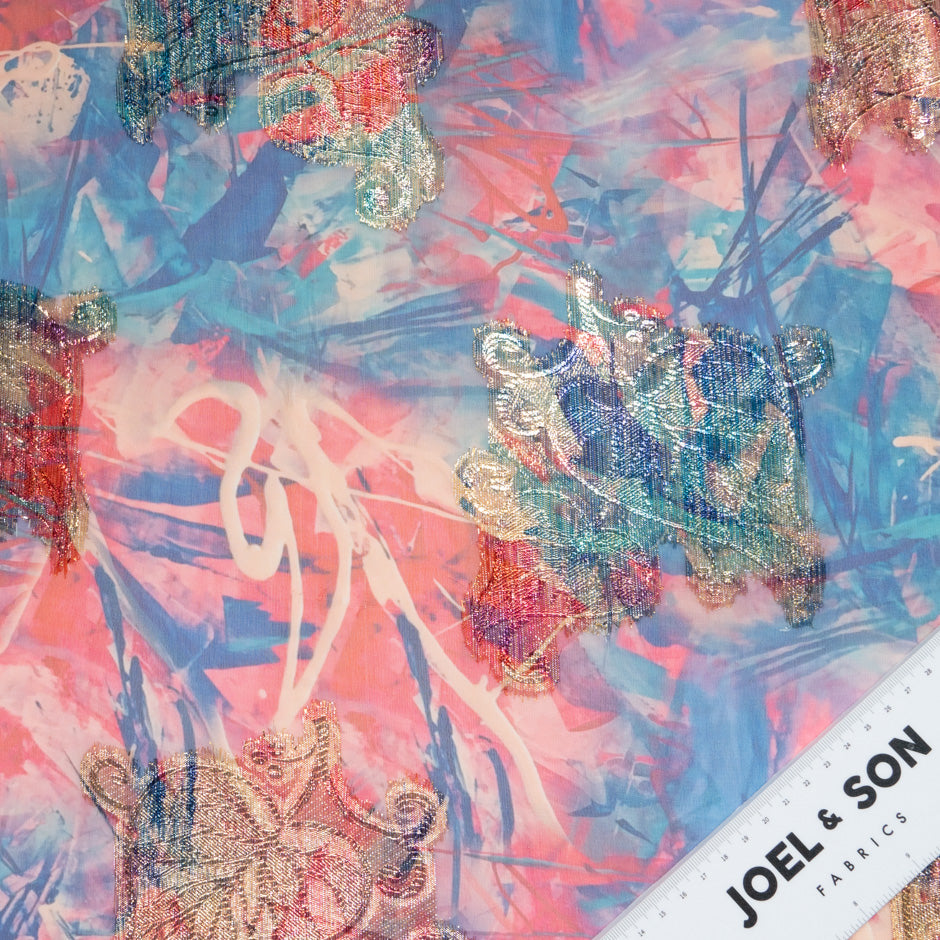Red & Blue Printed Jacquard Lamé Silk Chiffon