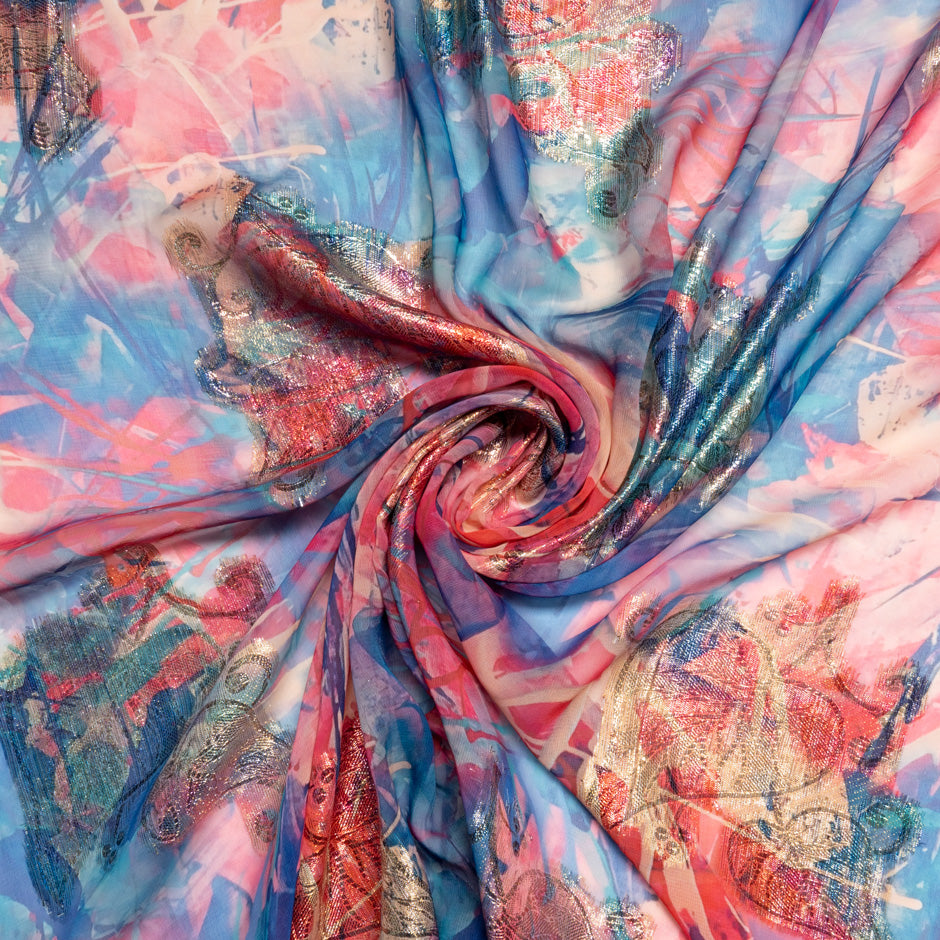 Red & Blue Printed Jacquard Lamé Silk Chiffon