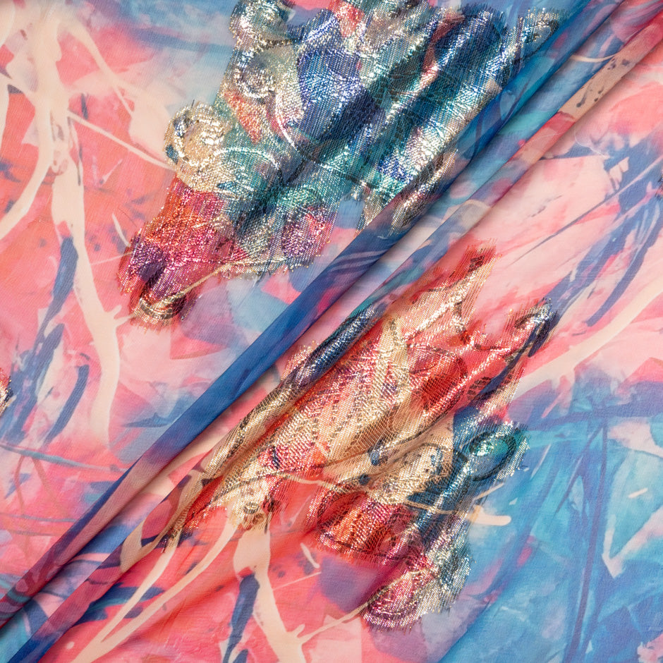 Red & Blue Printed Jacquard Lamé Silk Chiffon