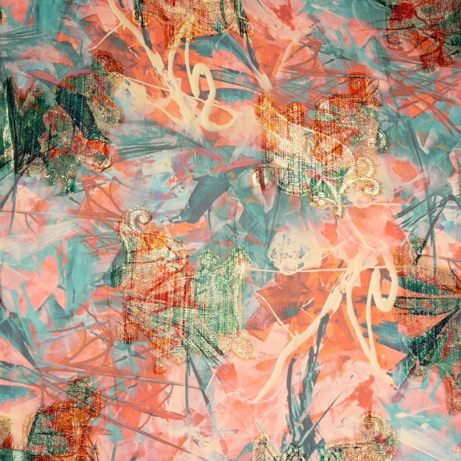 Orange & Green Printed Jacquard Lamé Silk Chiffon