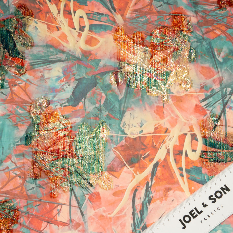 Orange & Green Printed Jacquard Lamé Silk Chiffon