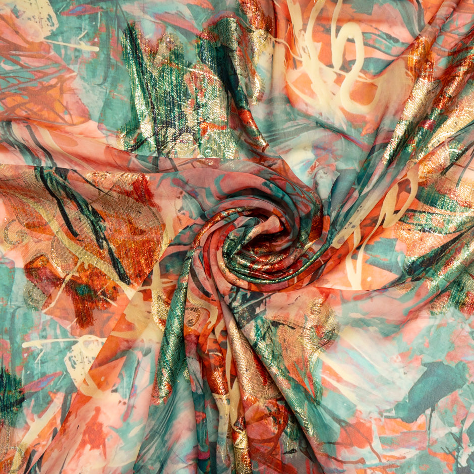Orange & Green Printed Jacquard Lamé Silk Chiffon