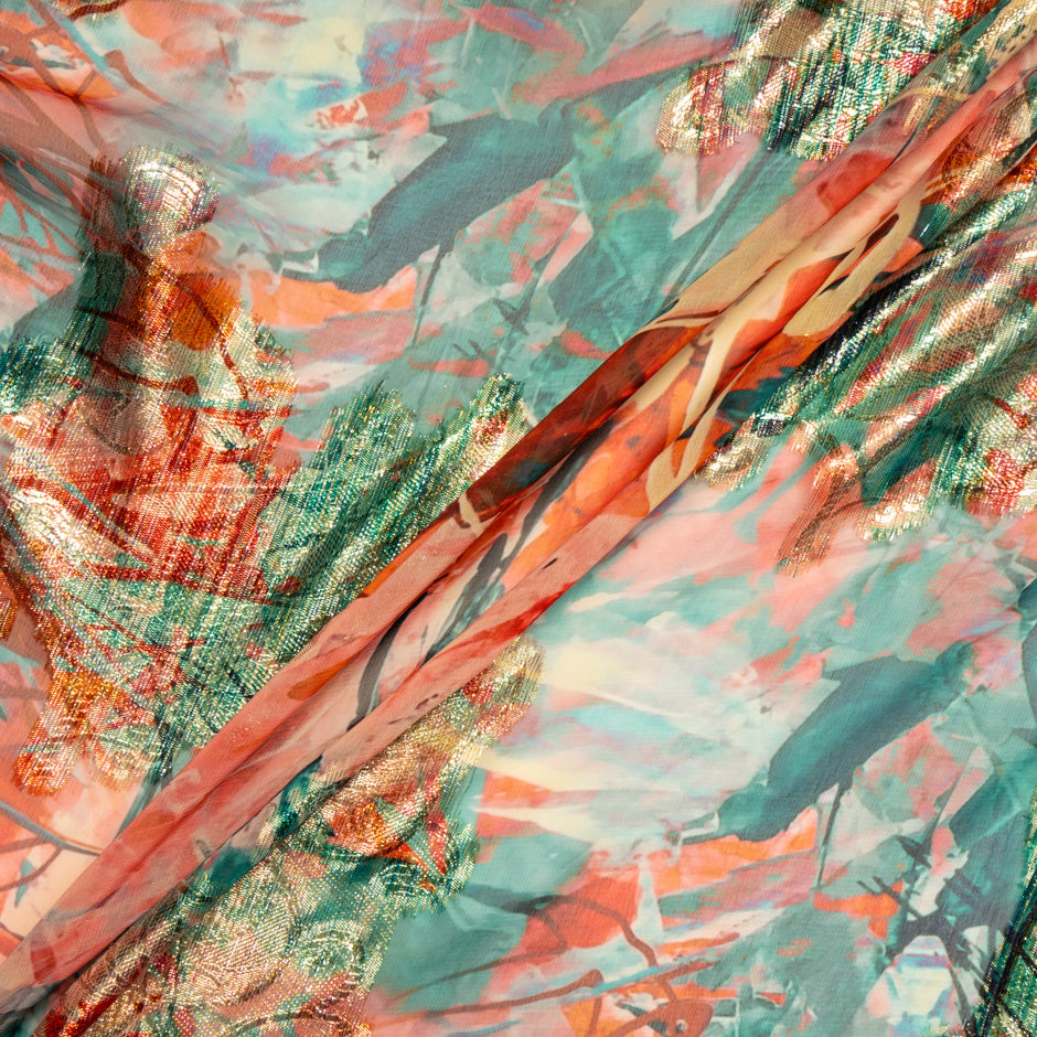 Orange & Green Printed Jacquard Lamé Silk Chiffon