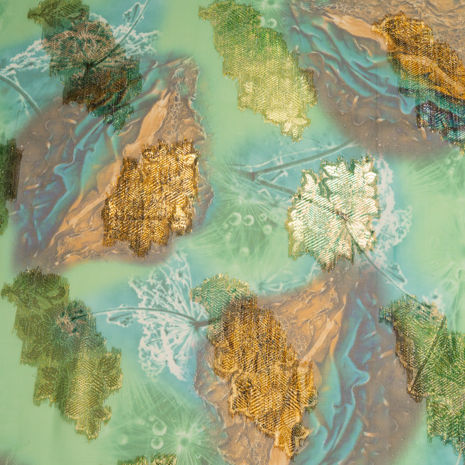 Green & Orange Printed Jacquard Lamé Silk Chiffon