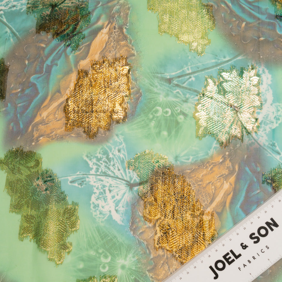 Green & Orange Printed Jacquard Lamé Silk Chiffon