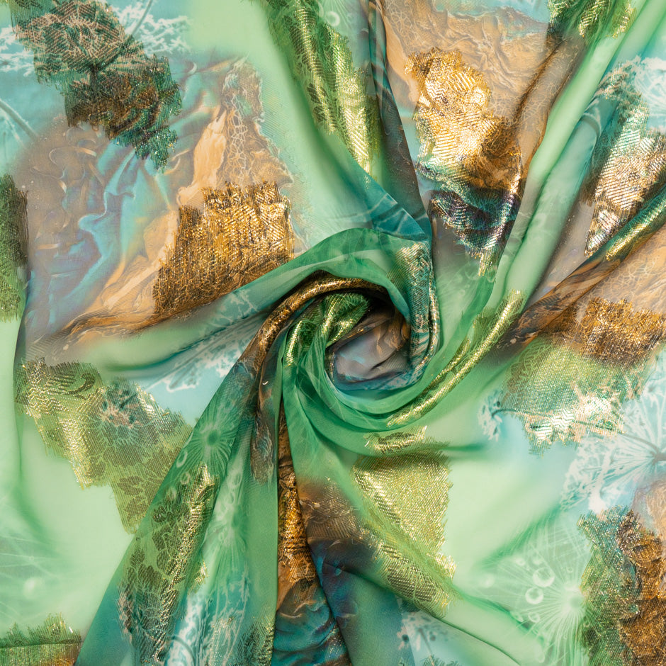 Green & Orange Printed Jacquard Lamé Silk Chiffon
