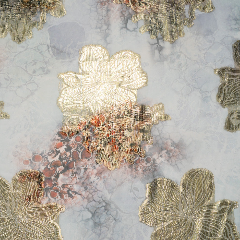 Gold Jacquard Lamé Grey Silk Chiffon