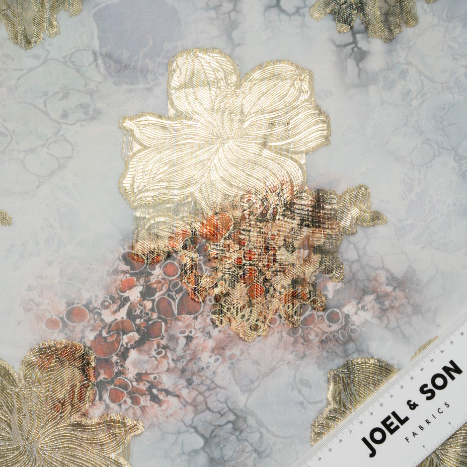 Gold Jacquard Lamé Grey Silk Chiffon