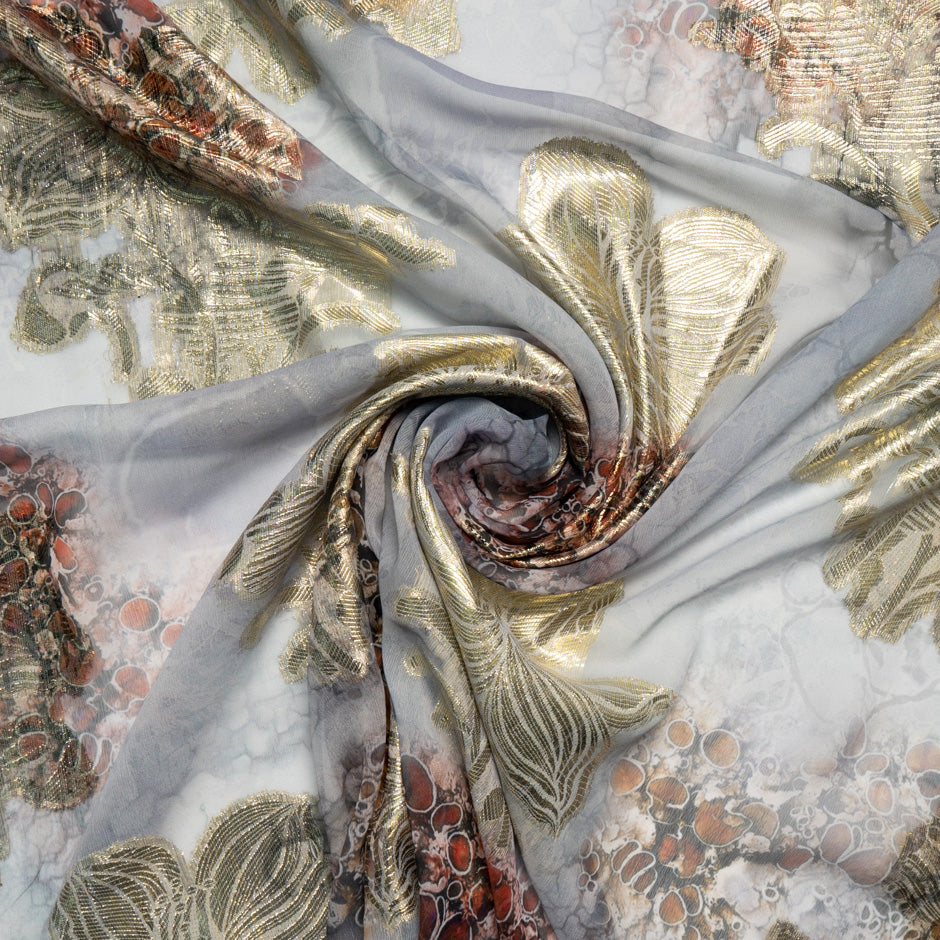 Gold Jacquard Lamé Grey Silk Chiffon