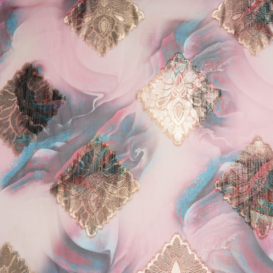 Pink & Blue Jacquard Lamé Silk Chiffon