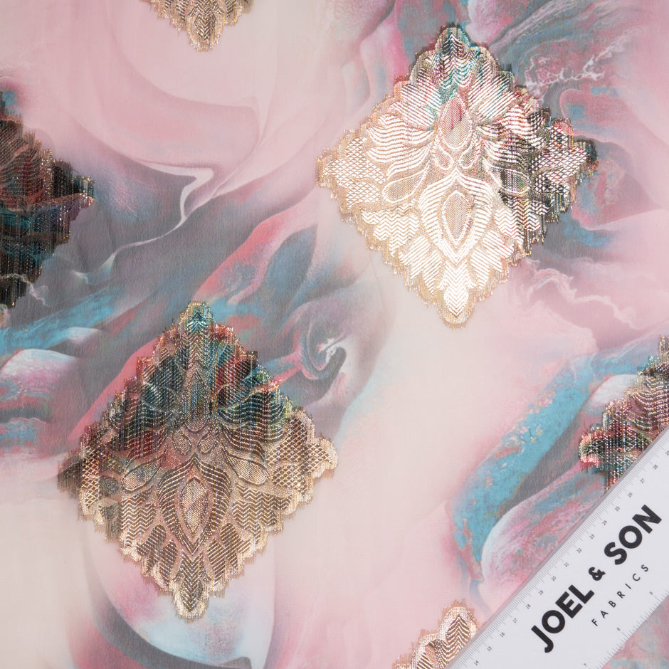 Pink & Blue Jacquard Lamé Silk Chiffon