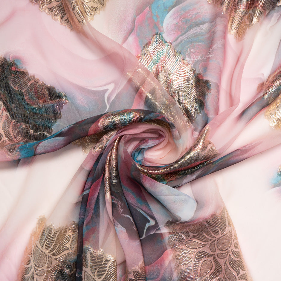 Pink & Blue Jacquard Lamé Silk Chiffon