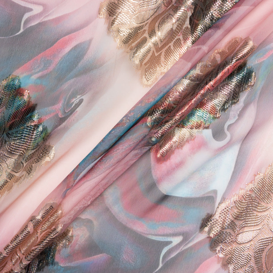 Pink & Blue Jacquard Lamé Silk Chiffon