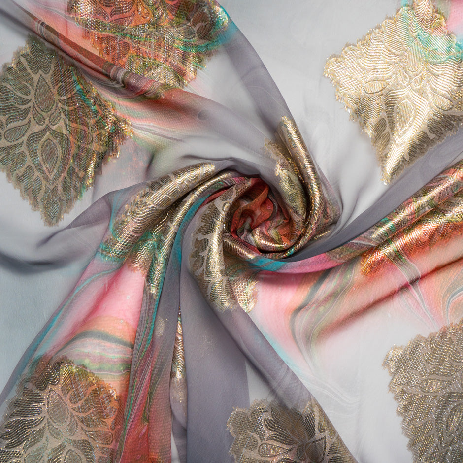 Multi & Grey Jacquard Lamé Silk Chiffon