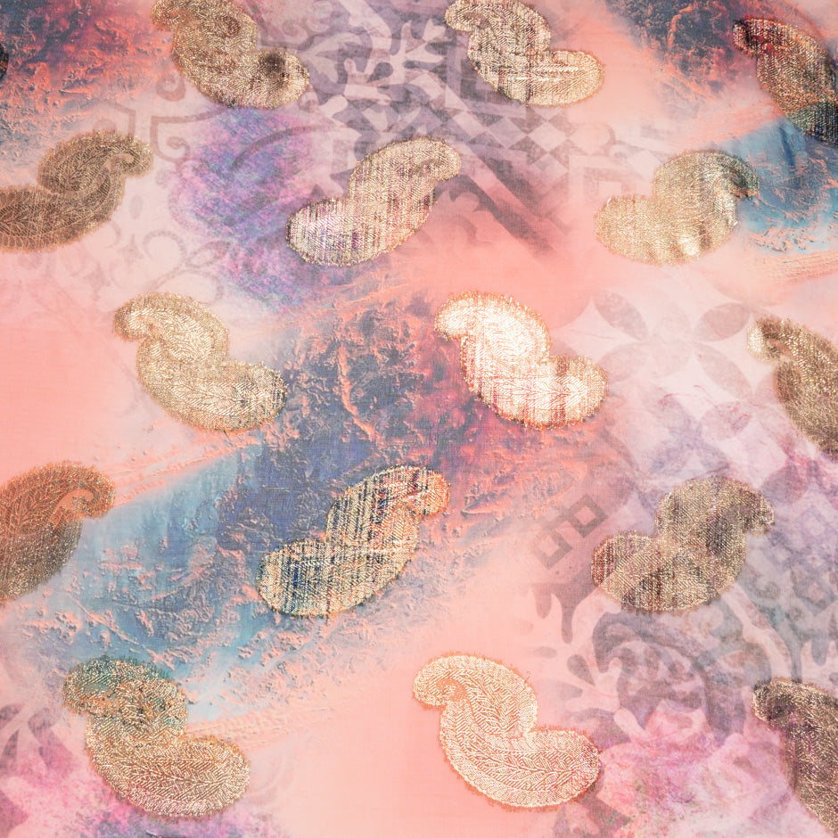 Pink & Peach Jacquard Lamé Silk Chiffon