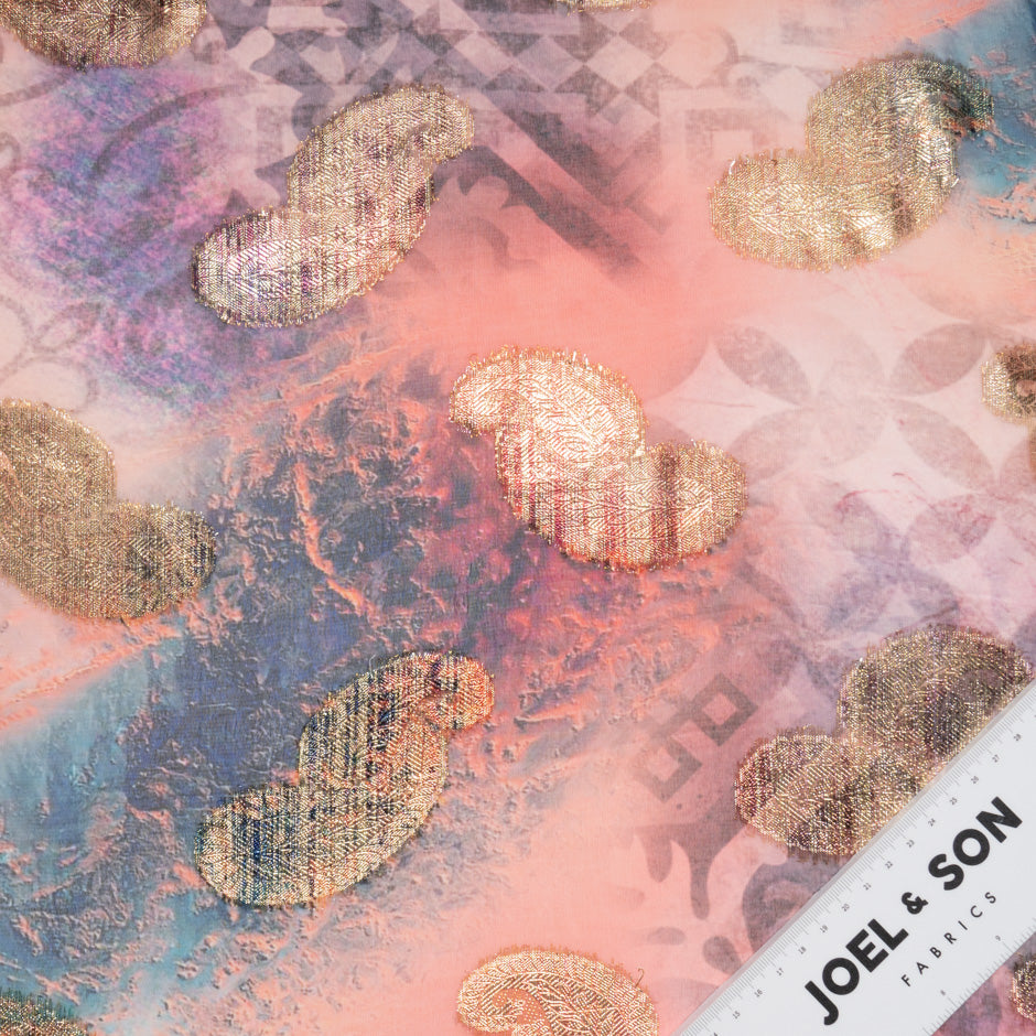 Pink & Peach Jacquard Lamé Silk Chiffon