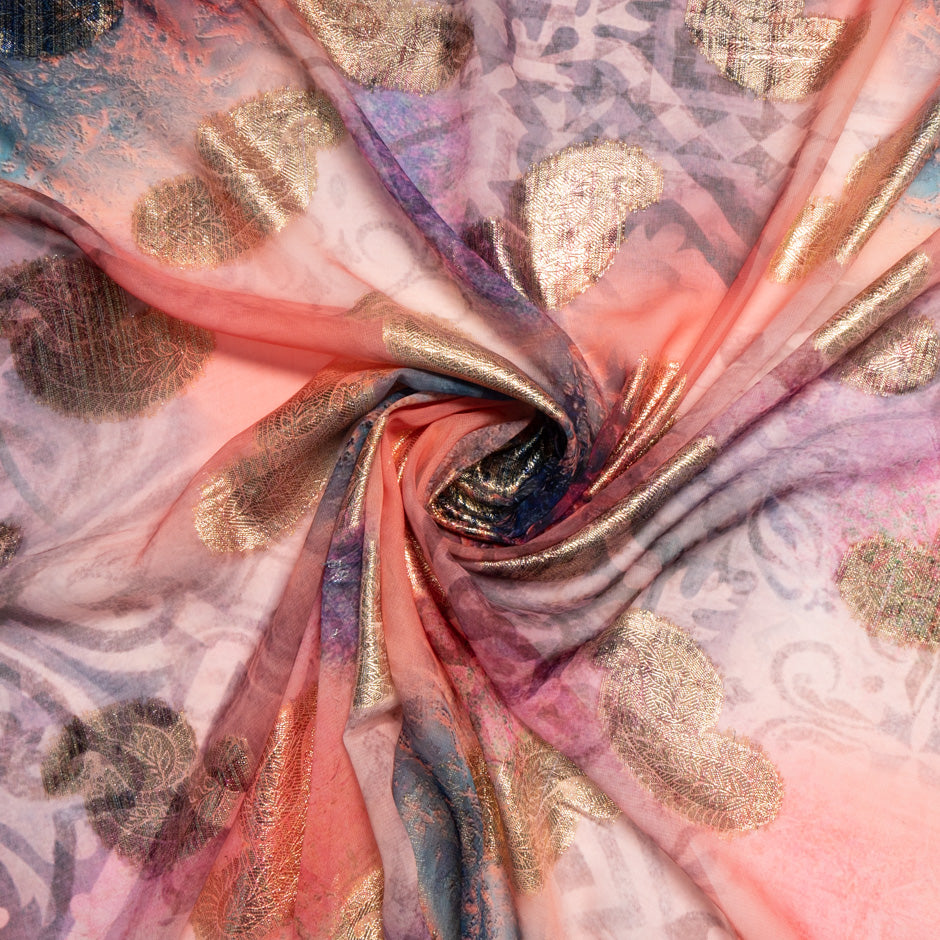 Pink & Peach Jacquard Lamé Silk Chiffon