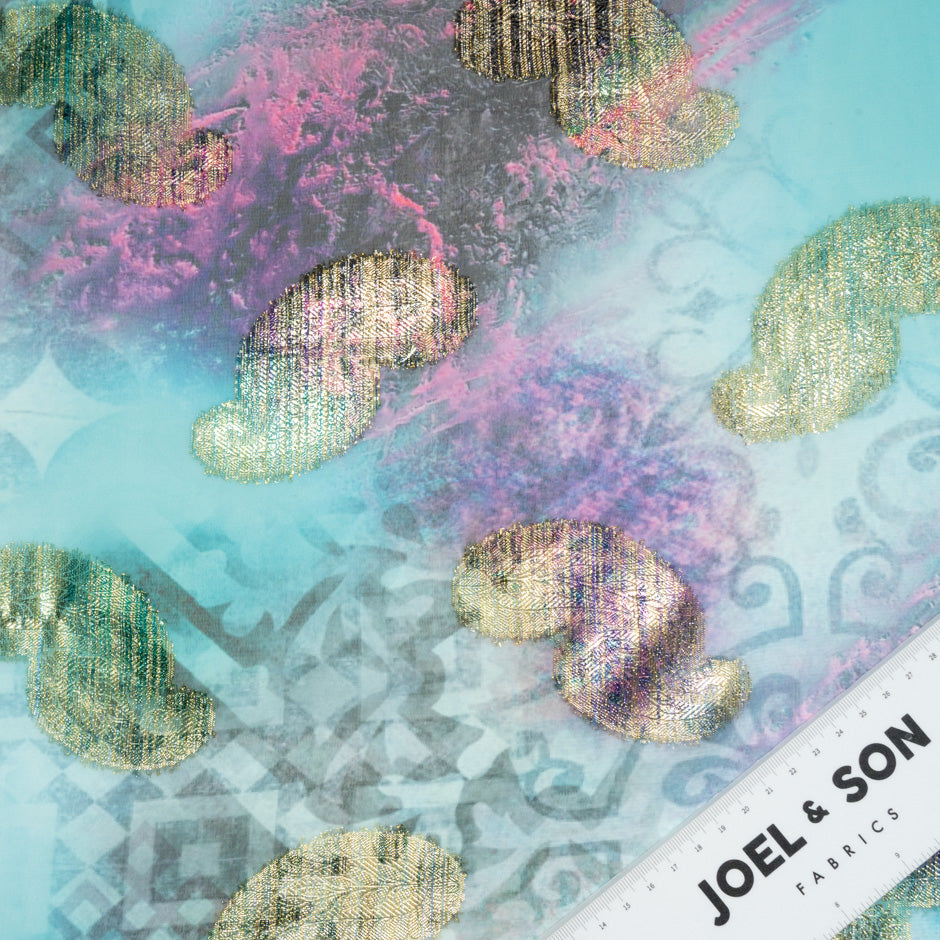 Blue & Pink Jacquard Lamé Silk Chiffon