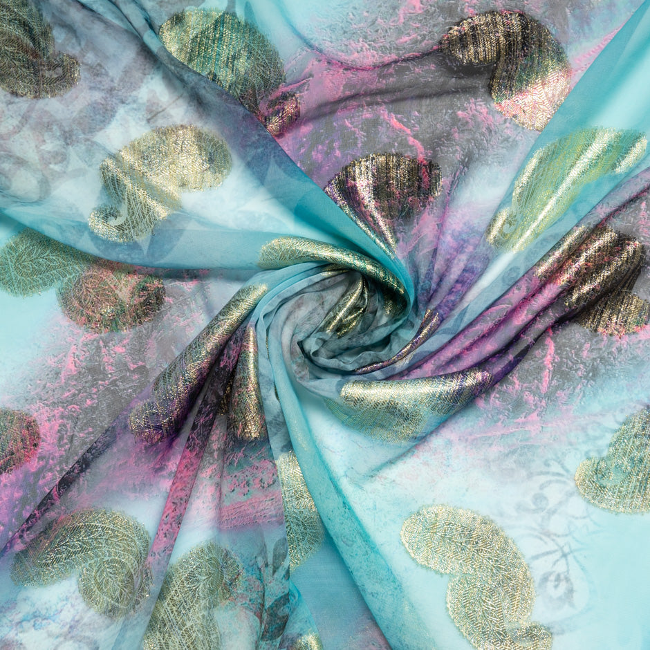 Blue & Pink Jacquard Lamé Silk Chiffon
