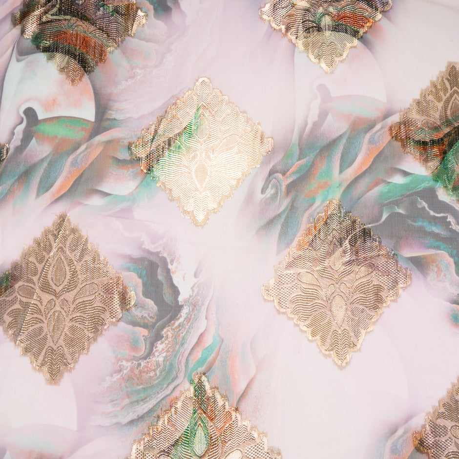 Printed Pink Jacquard Lamé Silk Chiffon