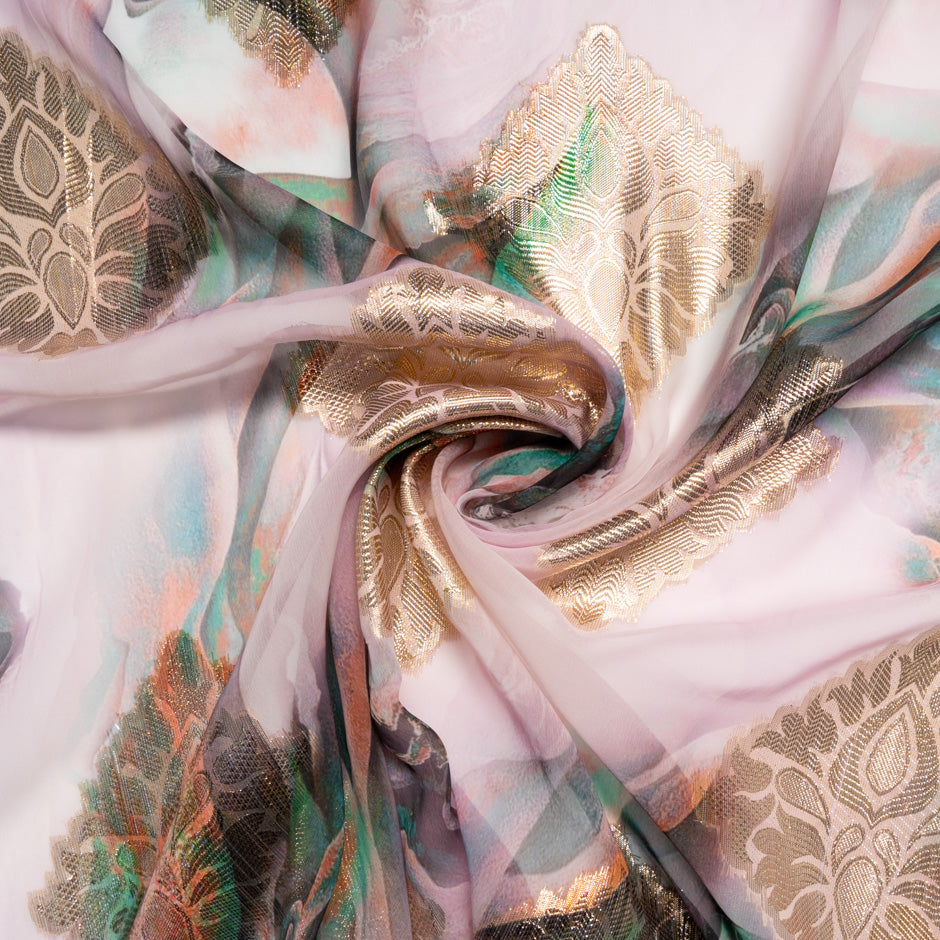 Printed Pink Jacquard Lamé Silk Chiffon