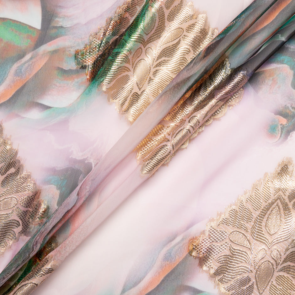 Printed Pink Jacquard Lamé Silk Chiffon