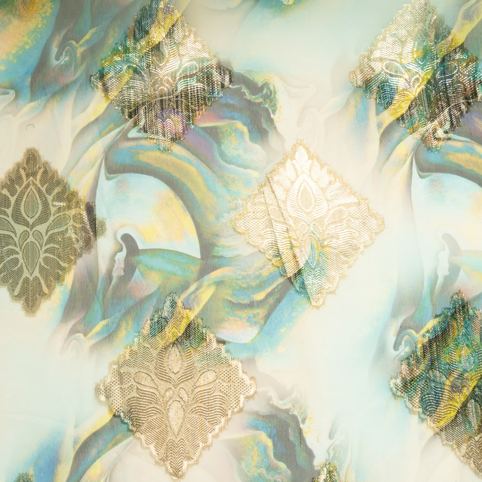 Printed Green Jacquard Lamé Silk Chiffon