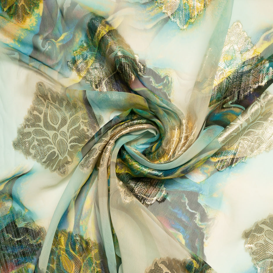 Printed Green Jacquard Lamé Silk Chiffon