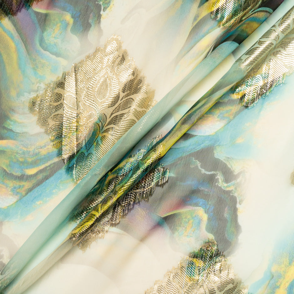 Printed Green Jacquard Lamé Silk Chiffon