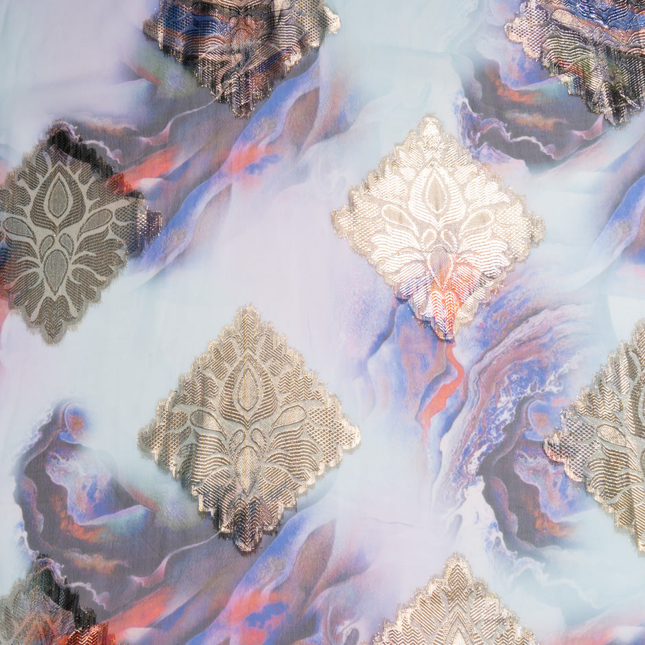 Printed Blue Jacquard Lamé Silk Chiffon