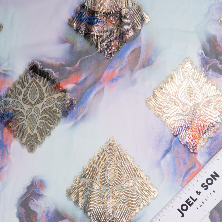 Printed Blue Jacquard Lamé Silk Chiffon