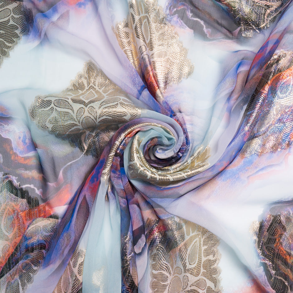 Printed Blue Jacquard Lamé Silk Chiffon