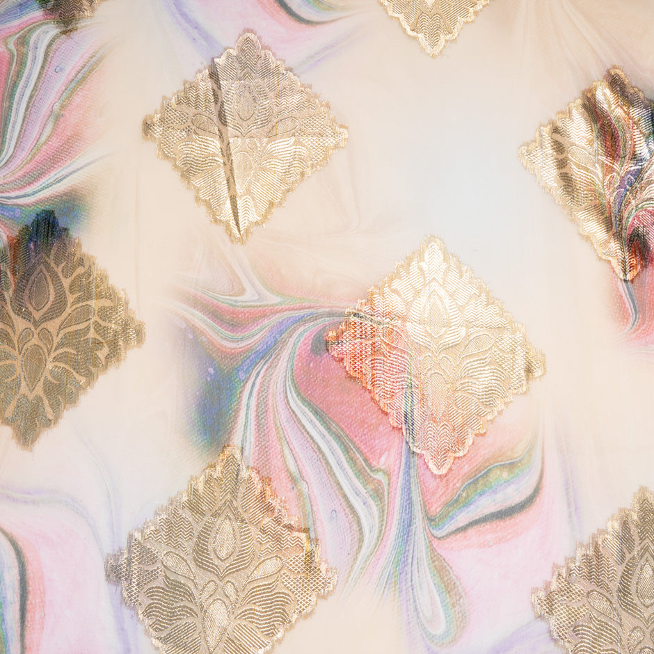 Printed Peach Jacquard Lamé Silk Chiffon