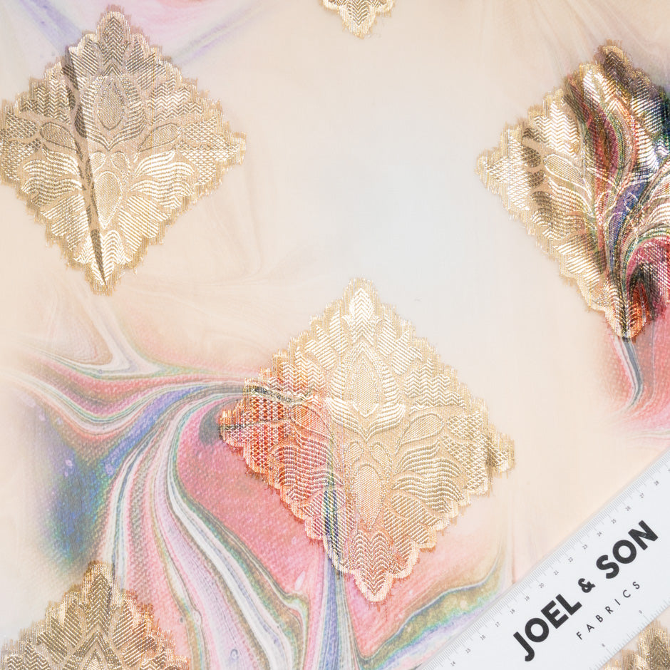 Printed Peach Jacquard Lamé Silk Chiffon