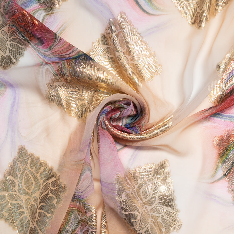 Printed Peach Jacquard Lamé Silk Chiffon